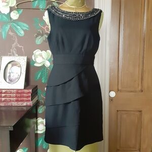 Connected Apparel Black Beaded Cocktail Dress 8P Petite Sleeveless Tiered Party